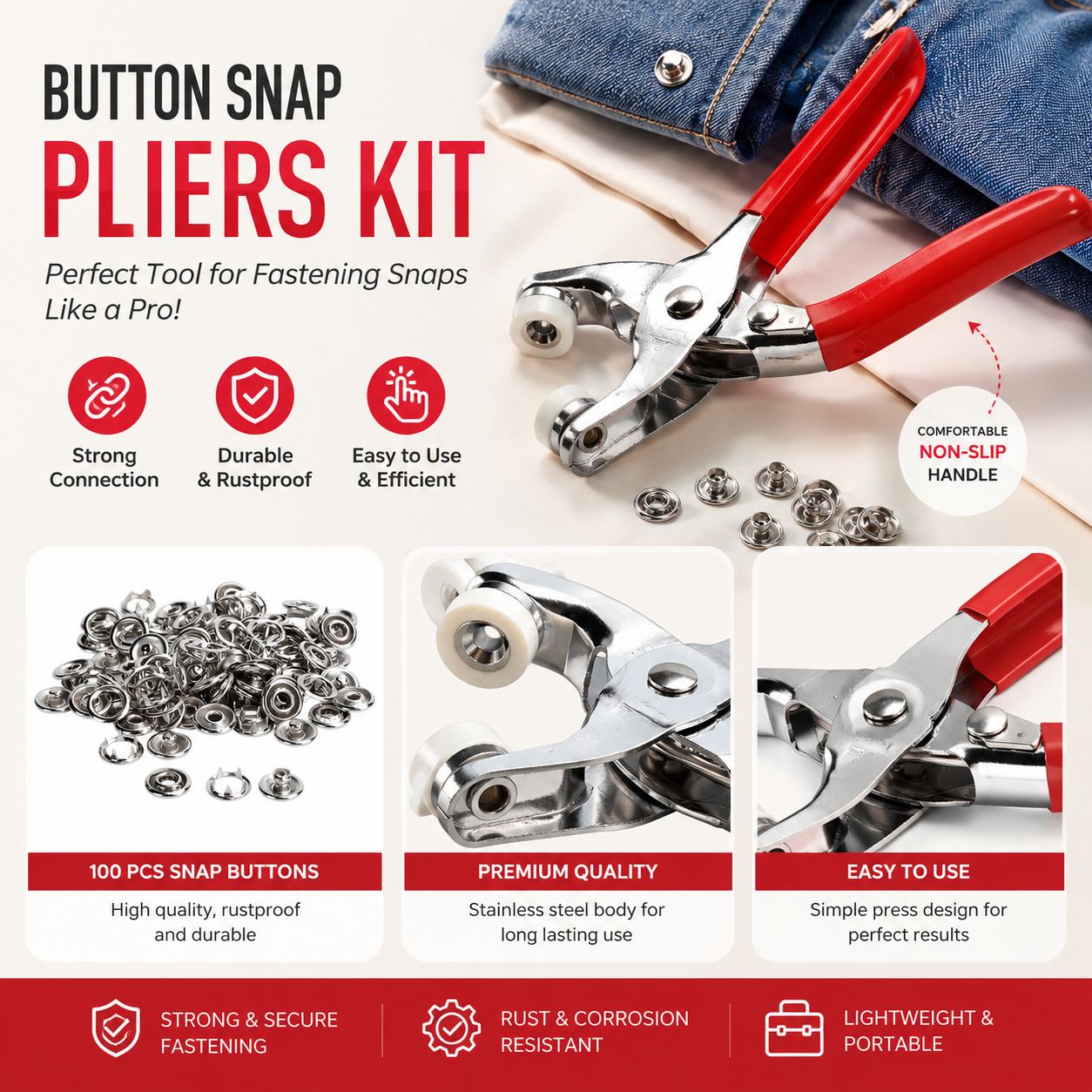 Stainless Steel Metal Button Plier with Lock + 50 Buttons