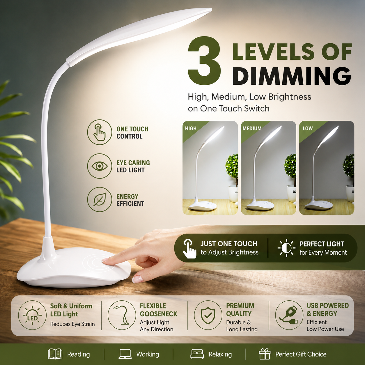 Portable Touch Control Desk Lamp 3 Brightness Levels