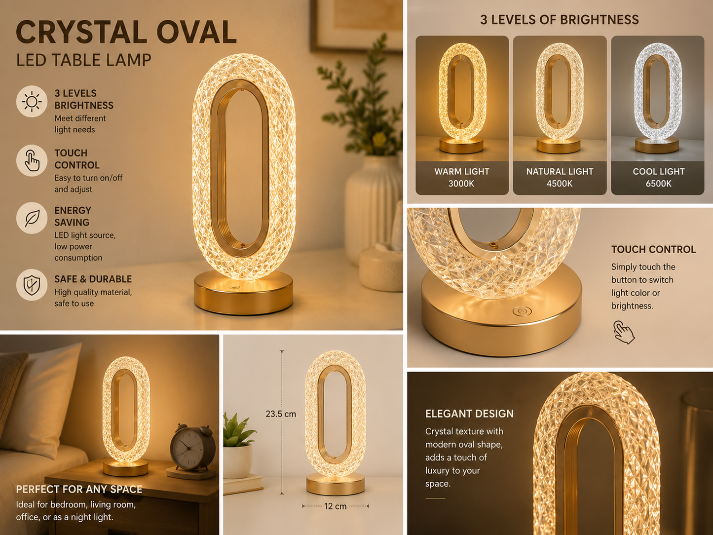 Rechargeable Crystal Table Lamp 3 Lighting Modes