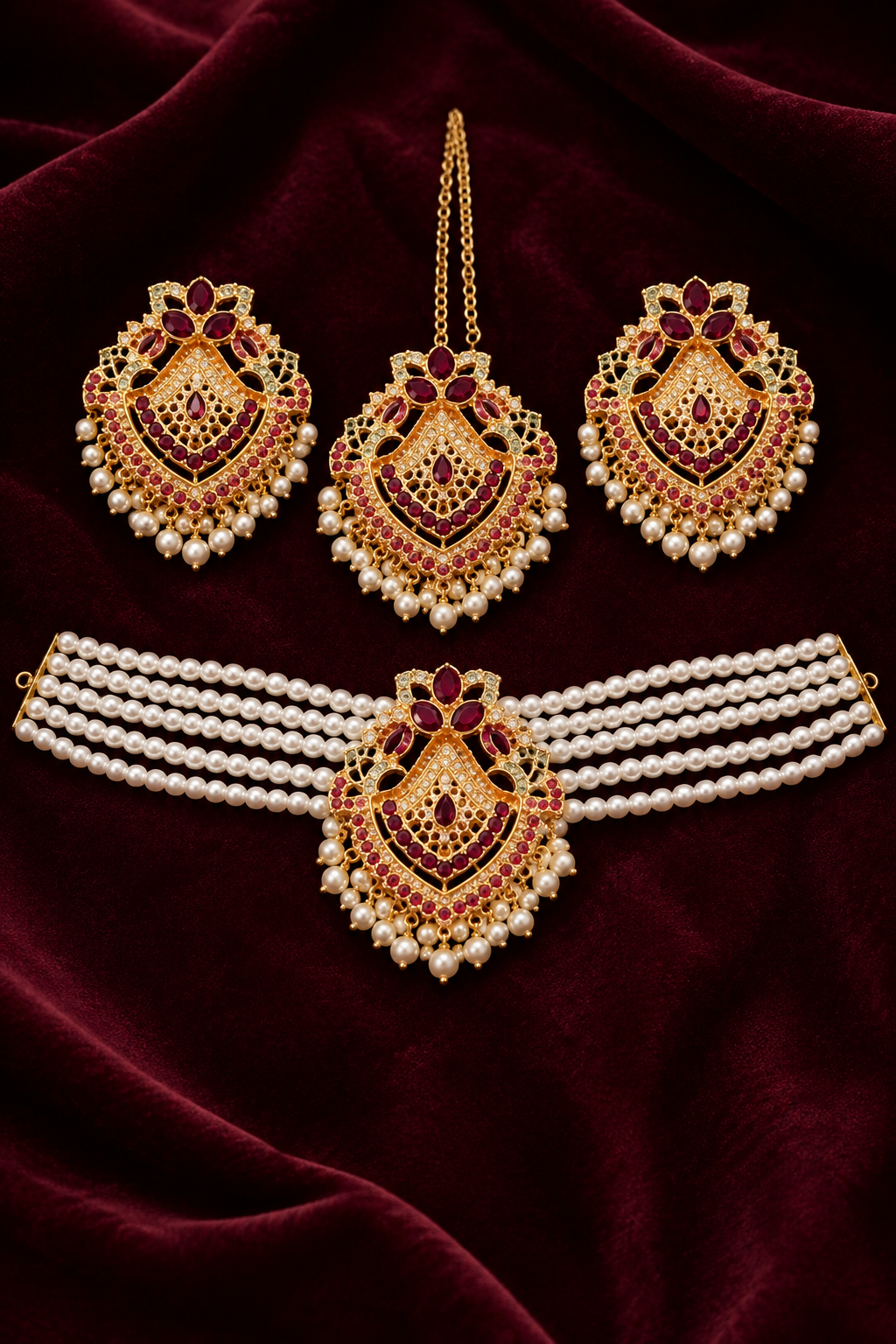 Elegant Pearl Mala with Earrings & Bindi Set
