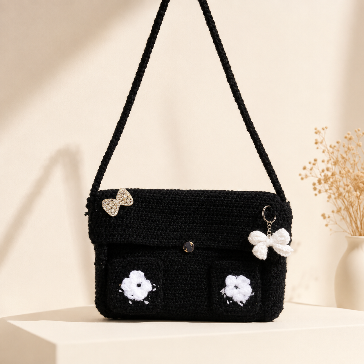Handmade Black Crochet Bag with Floral Details