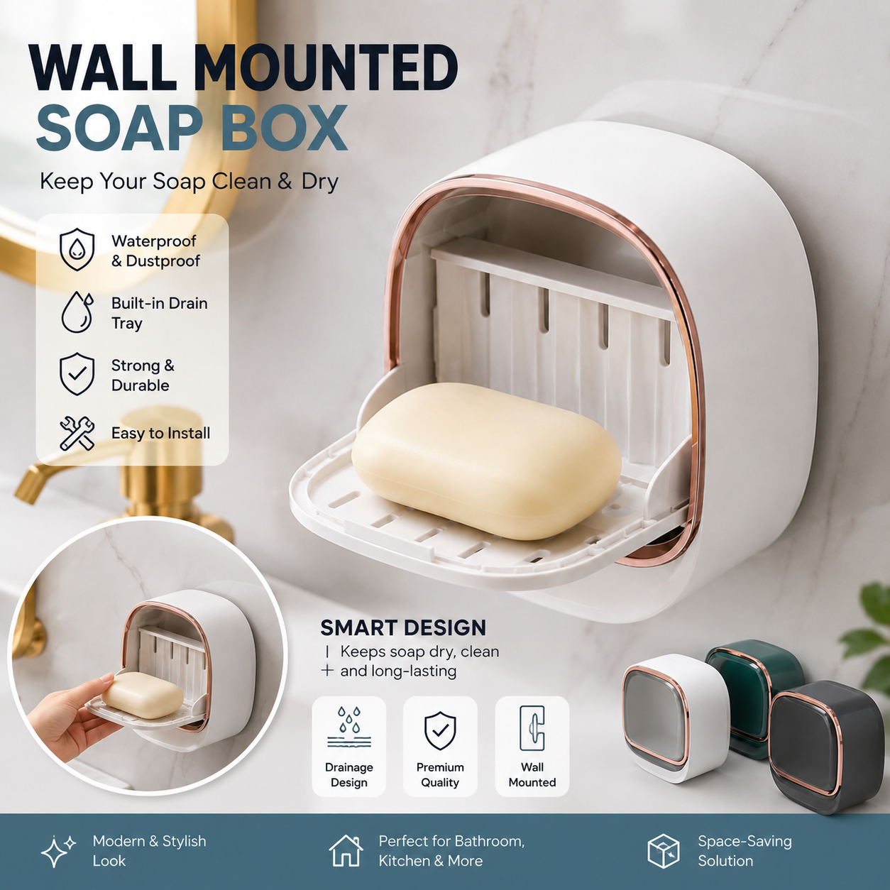 Wall Mounted Soap Box with Lid & Drain Tray