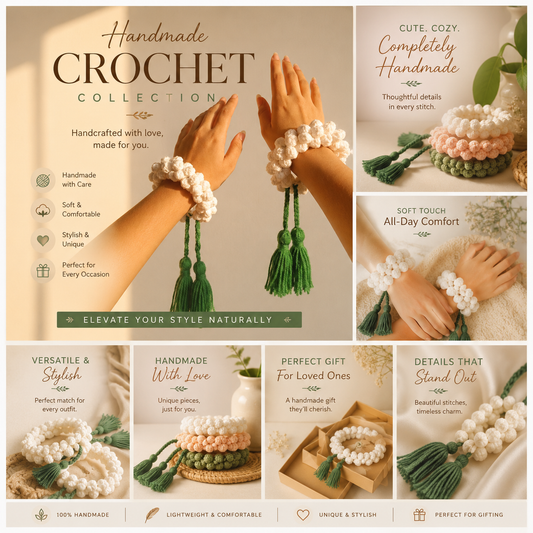 Handmade Crochet Tassel Wristlet  White & Green