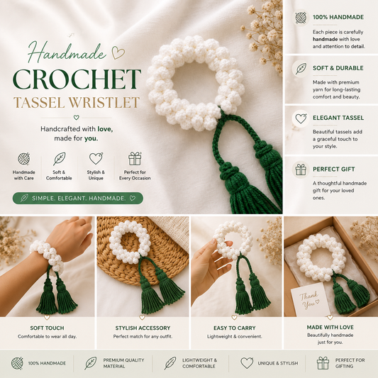 Handmade Crochet Tassel Wristlet  White & Green