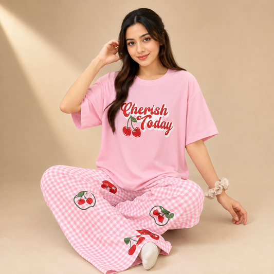 Women Cherry Print Night Suit