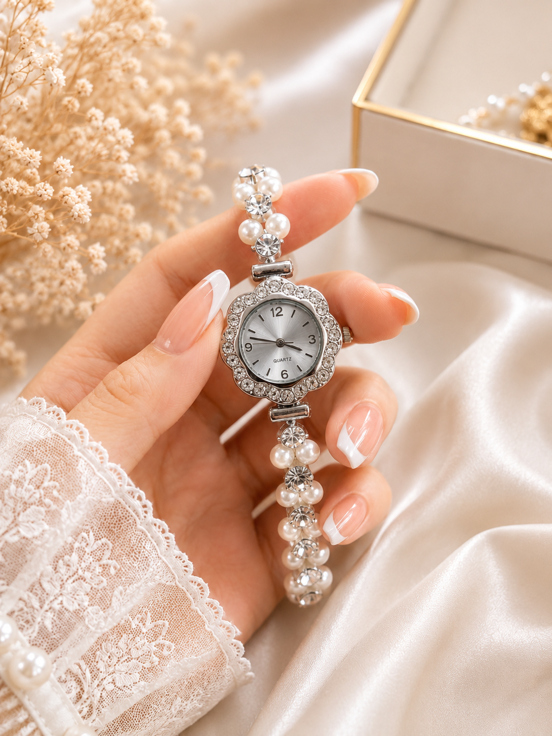 Diamond Bezel Crystal & Pearl Bracelet Watch