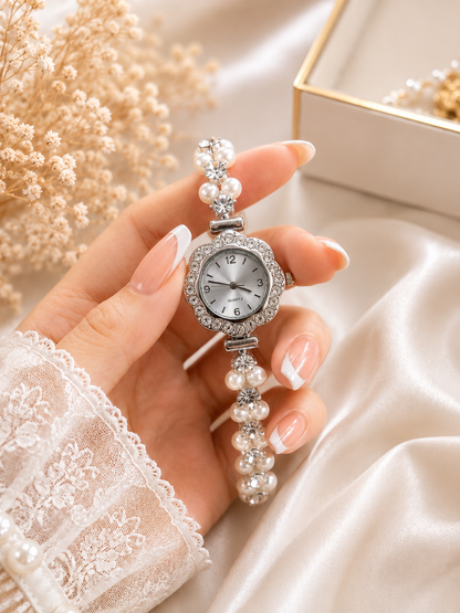 Diamond Bezel Crystal & Pearl Bracelet Watch