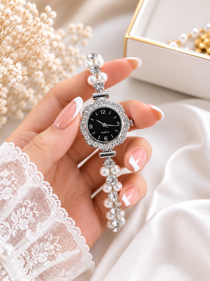 Diamond Bezel Crystal & Pearl Bracelet Watch