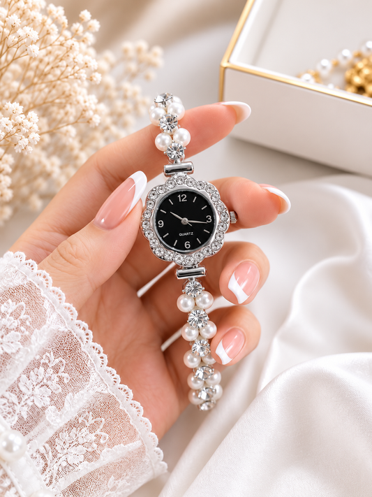 Diamond Bezel Crystal & Pearl Bracelet Watch