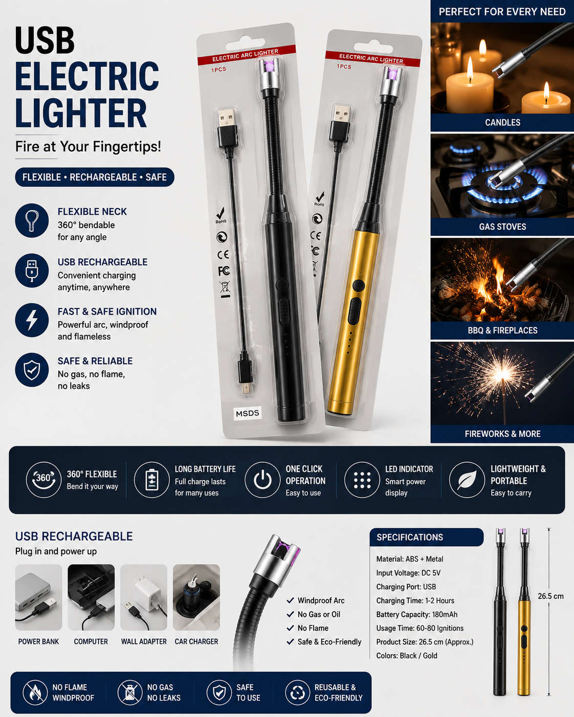 USB Rechargeable Electric Arc Lighter Flexible Windproof Lighter