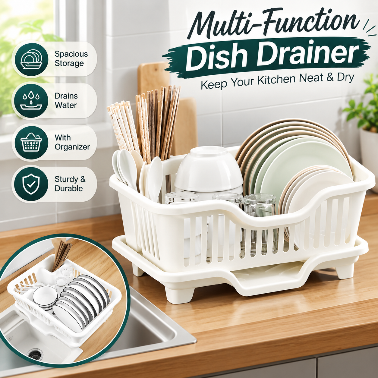 Fancy 3-in-1 Dish Rack – Large Durable Plastic Plate & Utensil Organizer