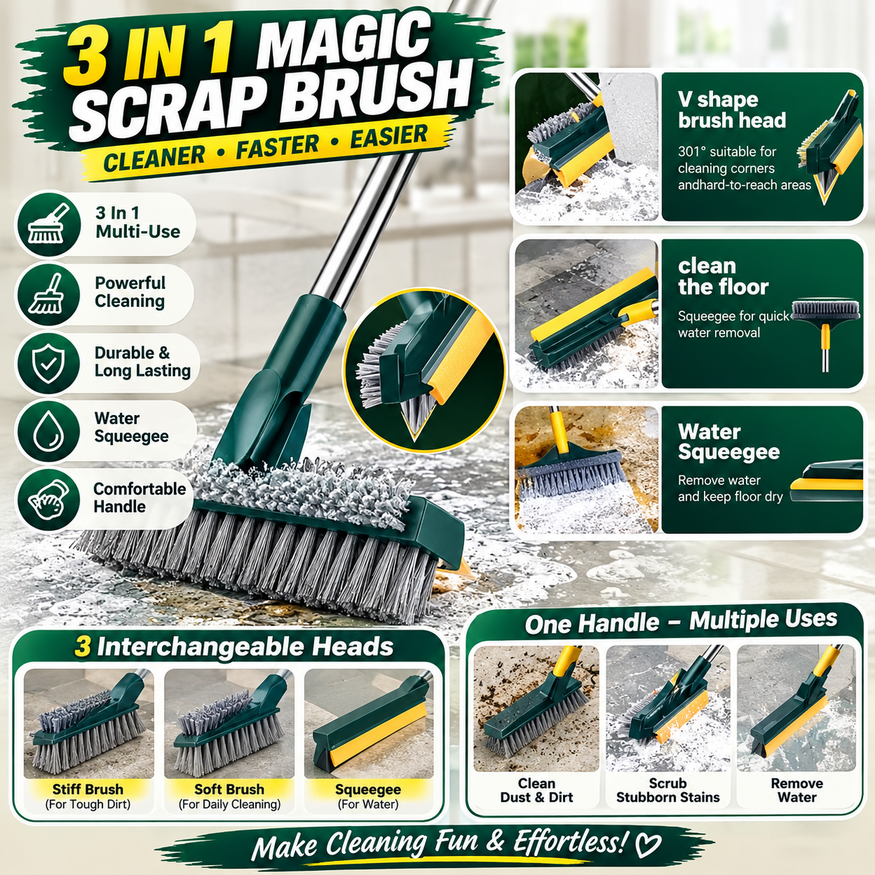 3 in 1 Floor Scrub Wiper Brush Detachable Long Handle
