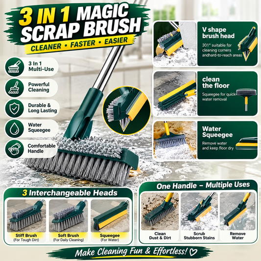 3 in 1 Floor Scrub Wiper Brush Detachable Long Handle