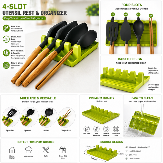 4 Slot Plastic Spoon Rest Kitchen Utensil Holder