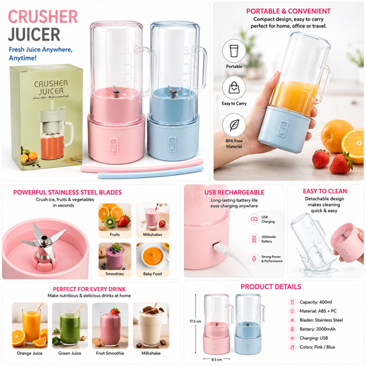 2 in 1 Portable Rechargeable Juicer Blender  6 Stainless Steel Blades