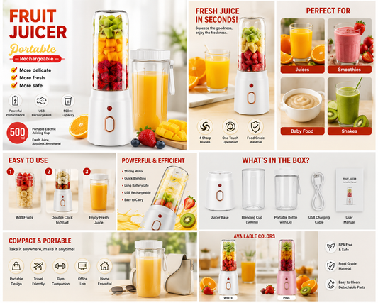 Portable Rechargeable Blender  10 Stainless Steel Blades