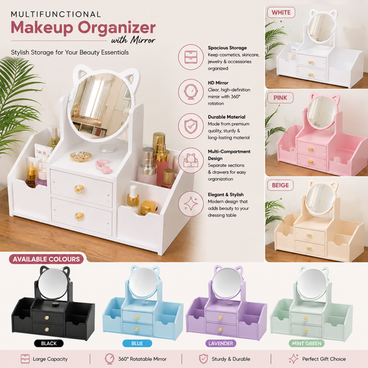 White Cat Ear Makeup Organizer with Mirror & 2 Drawers