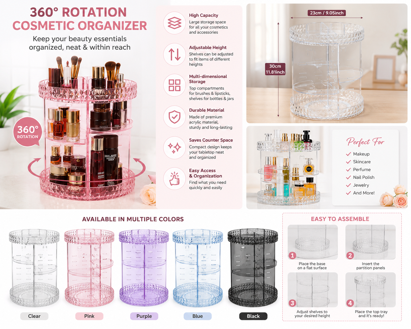 360° Rotating Diamond Cut Cosmetic Organizer 10 & 12 Inch