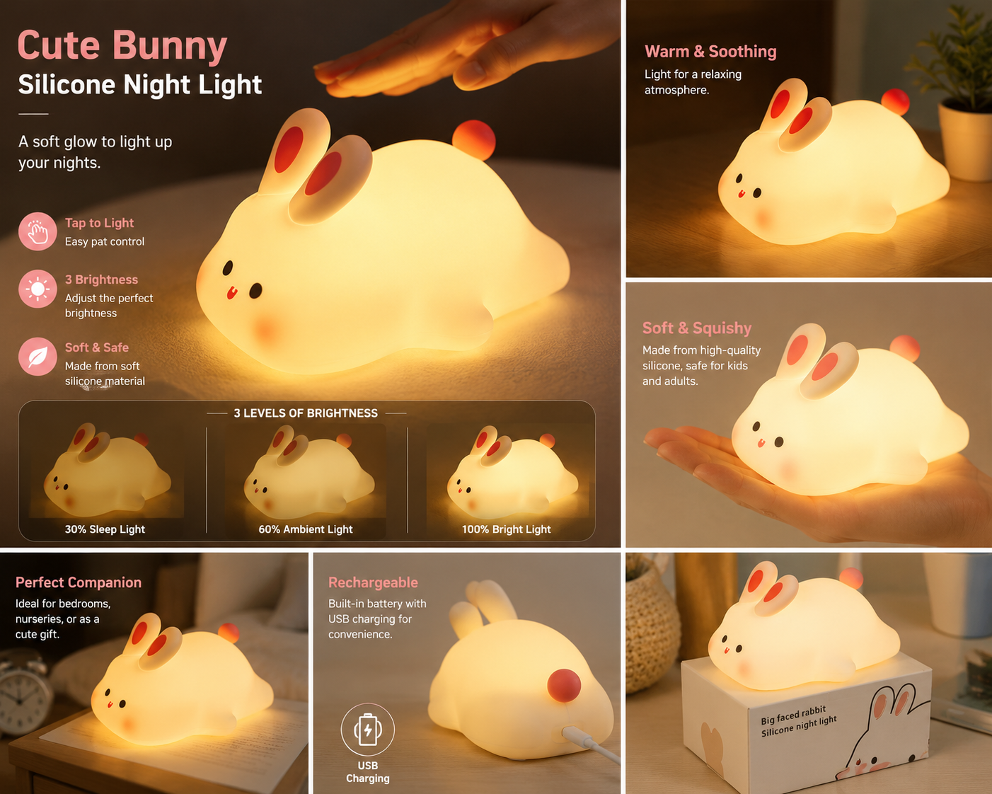 Rechargeable Rabbit Night Lamp Soft Warm LED Light