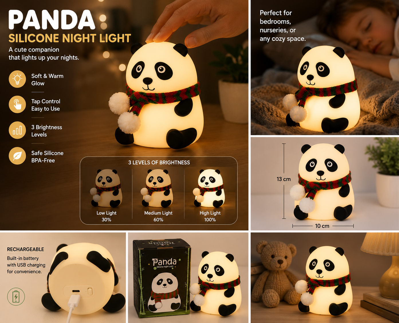 Cute Panda Silicone Night Light Soft Warm LED Lamp