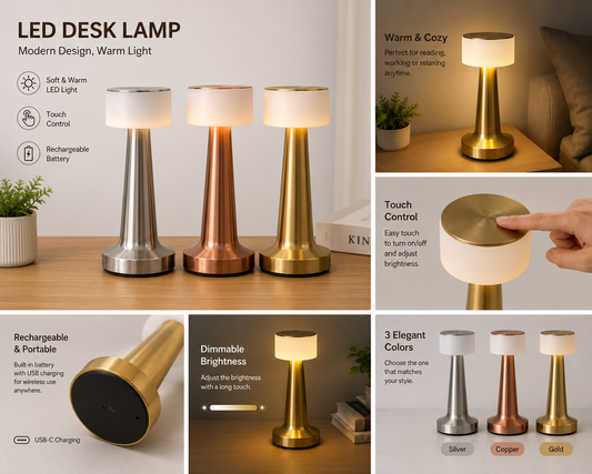 Type C Rechargeable LED Desk Lamp 3 Light Colors & Touch Control