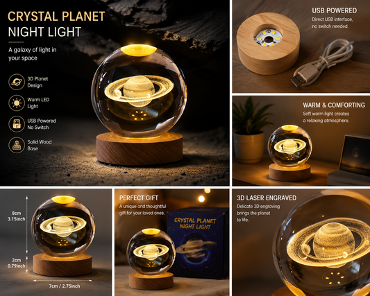 3D Saturn Crystal Ball Night Light LED Wooden Base