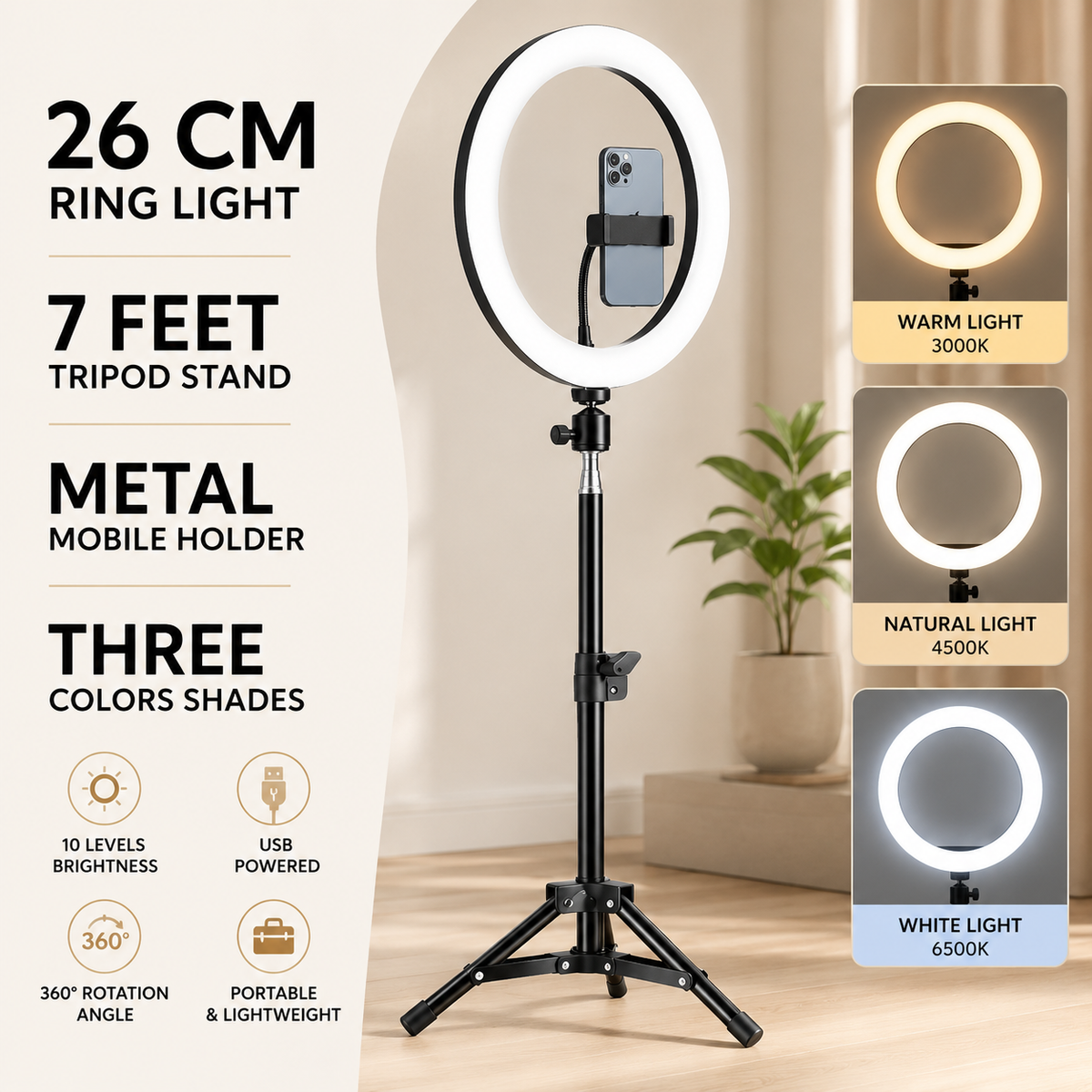 LED Ring Light with Tripod Stand & Mobile Phone Holder