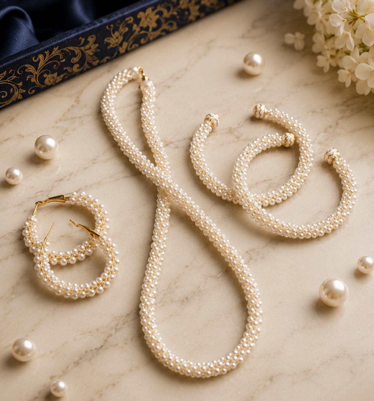 New Stylish Pearl Mala Bali & Bangles Set