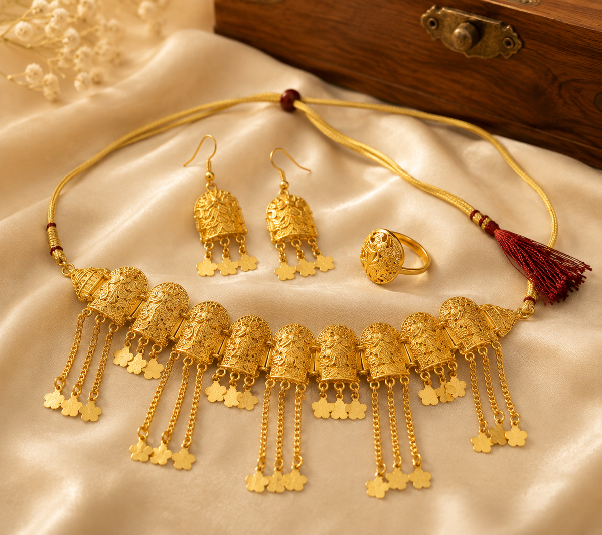 New Stylish Golden Jewelery Set with Adjustable Ring