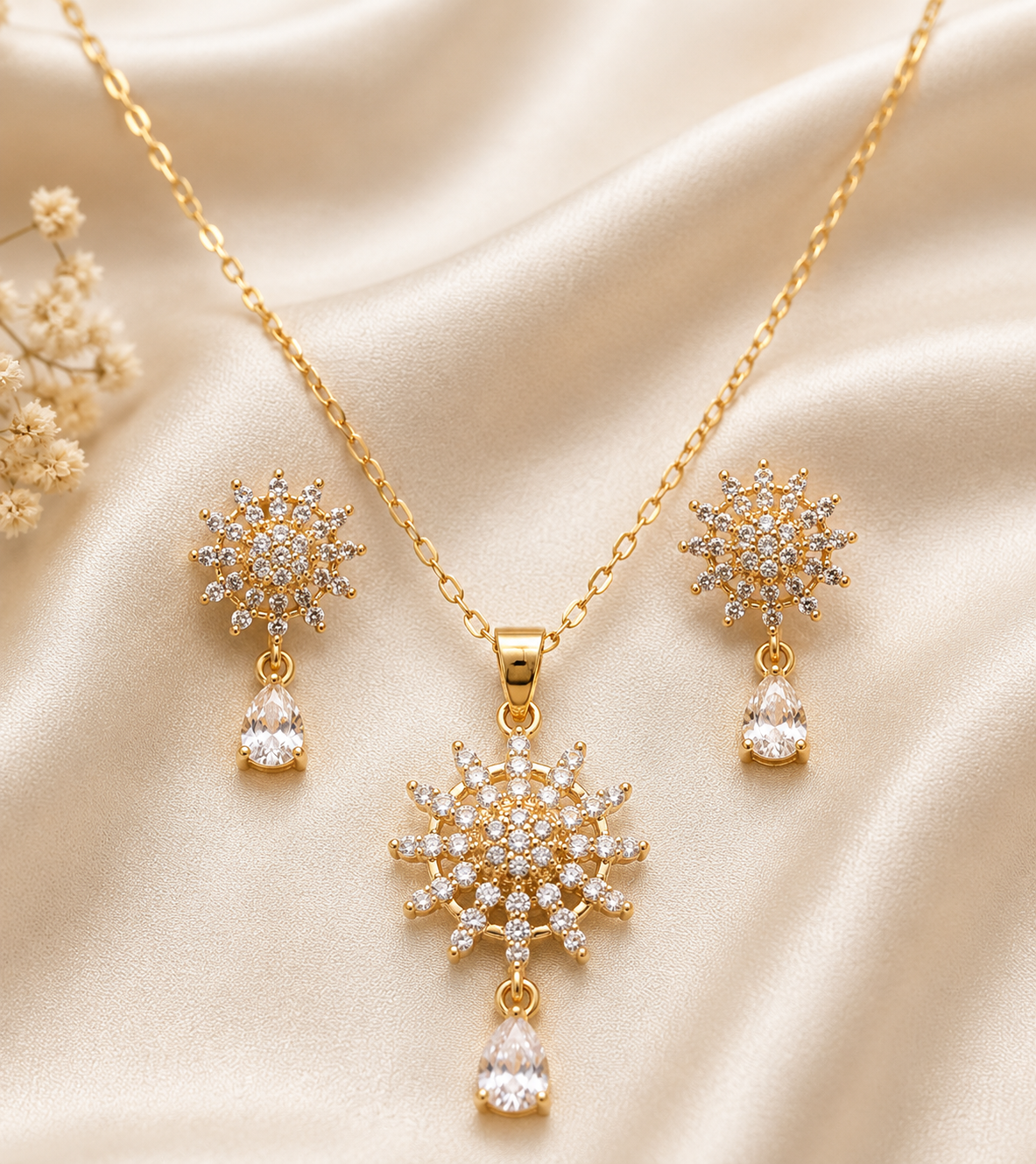 Zircon Chain Locket & Earrings Set
