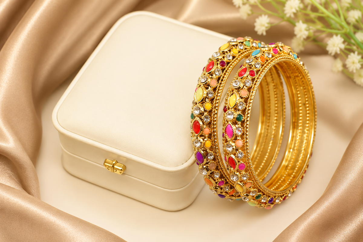 Multi Diamond Navaratna Style Kara Pret Bangles