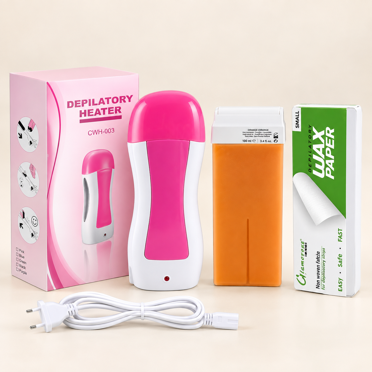 Professional 3-in-1 Depilatory Wax Roll-On Heater with Epilator Machine