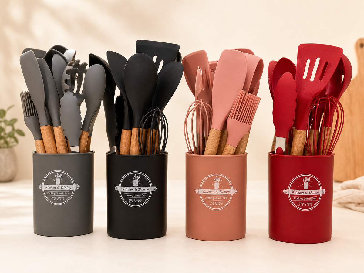 12-Piece Silicone Kitchen Utensils Set with Wooden Handles