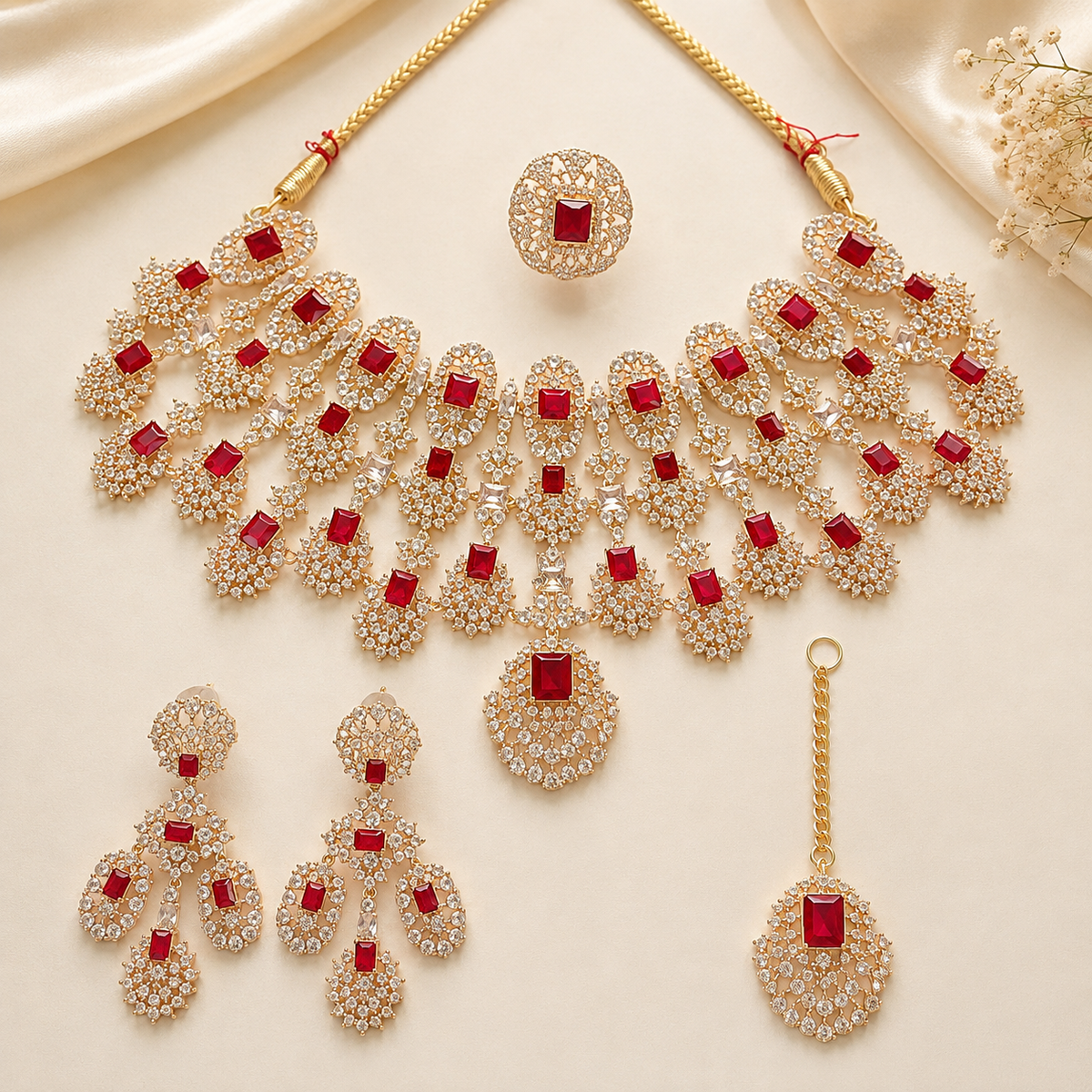 Premium Stone Necklace Set with Earrings, Tika & Ring