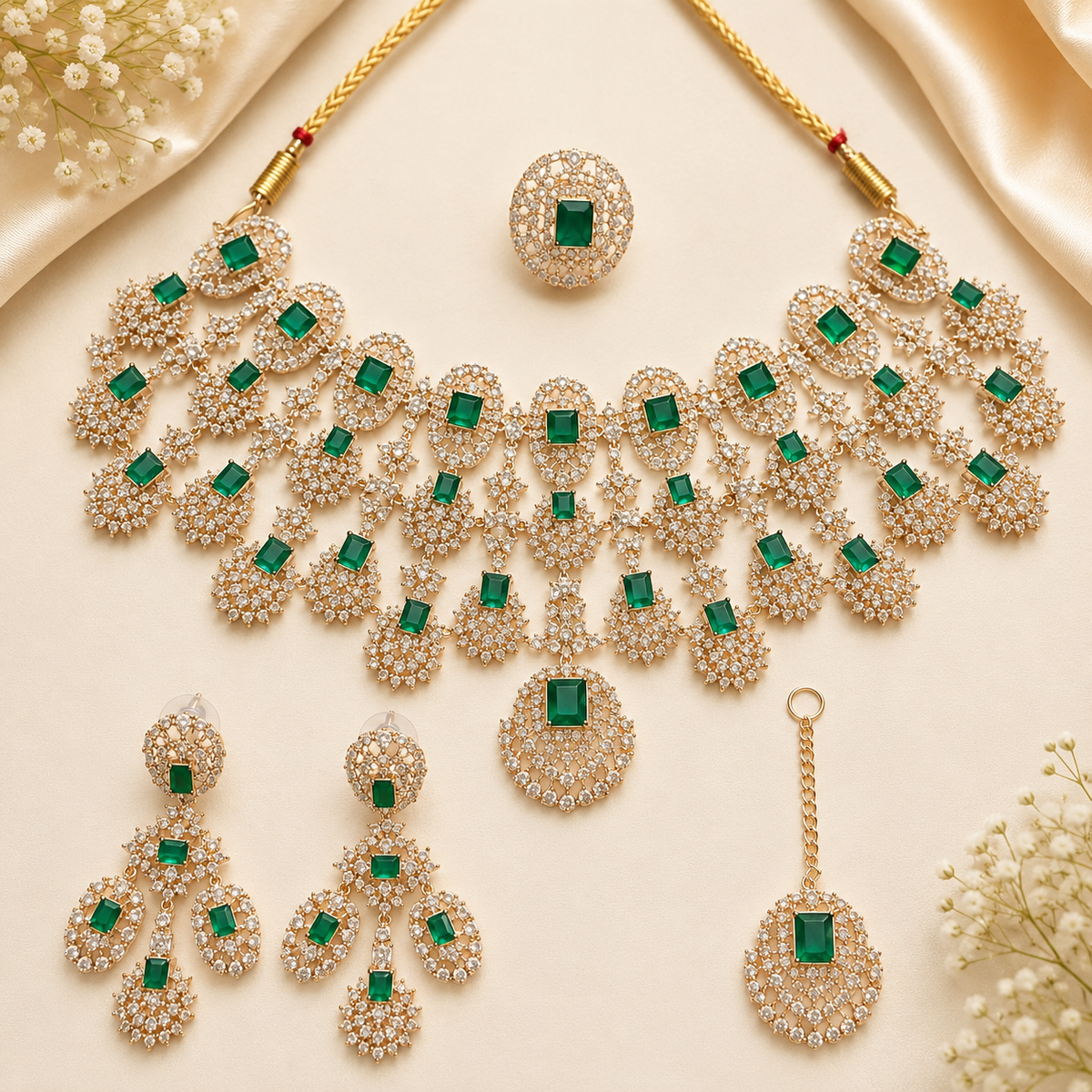 Premium Stone Necklace Set with Earrings, Tika & Ring