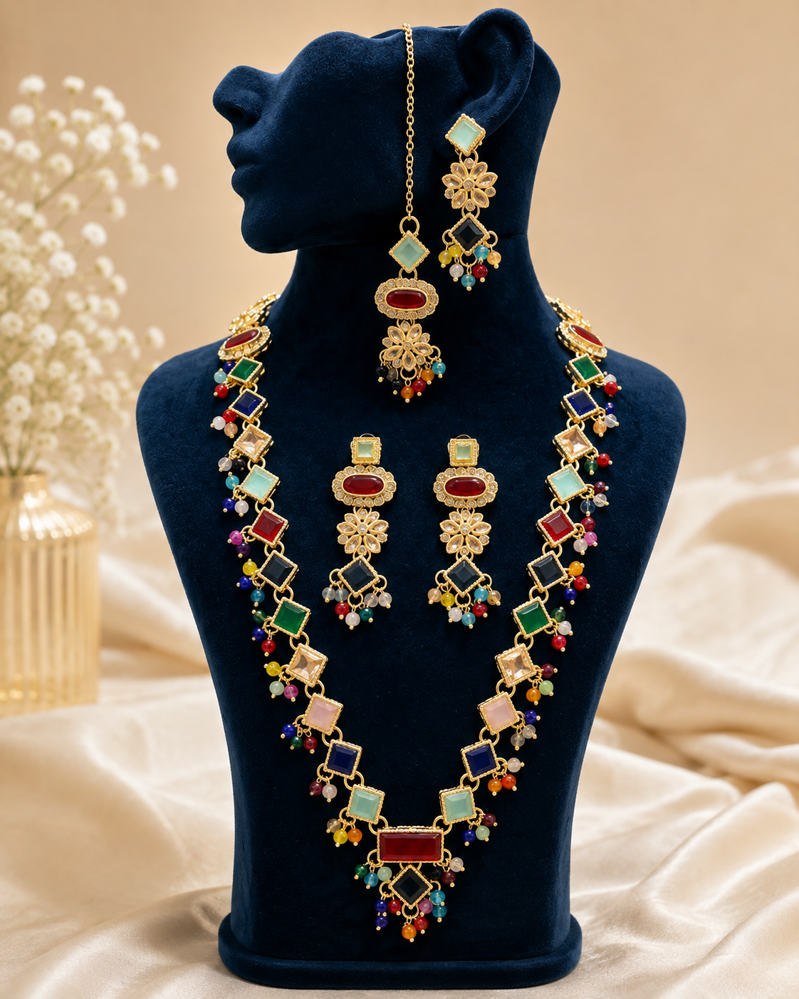 Long Stone Mala with Earrings & Bindi Set