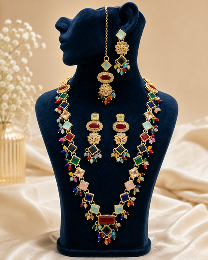 Long Stone Mala with Earrings & Bindi Set