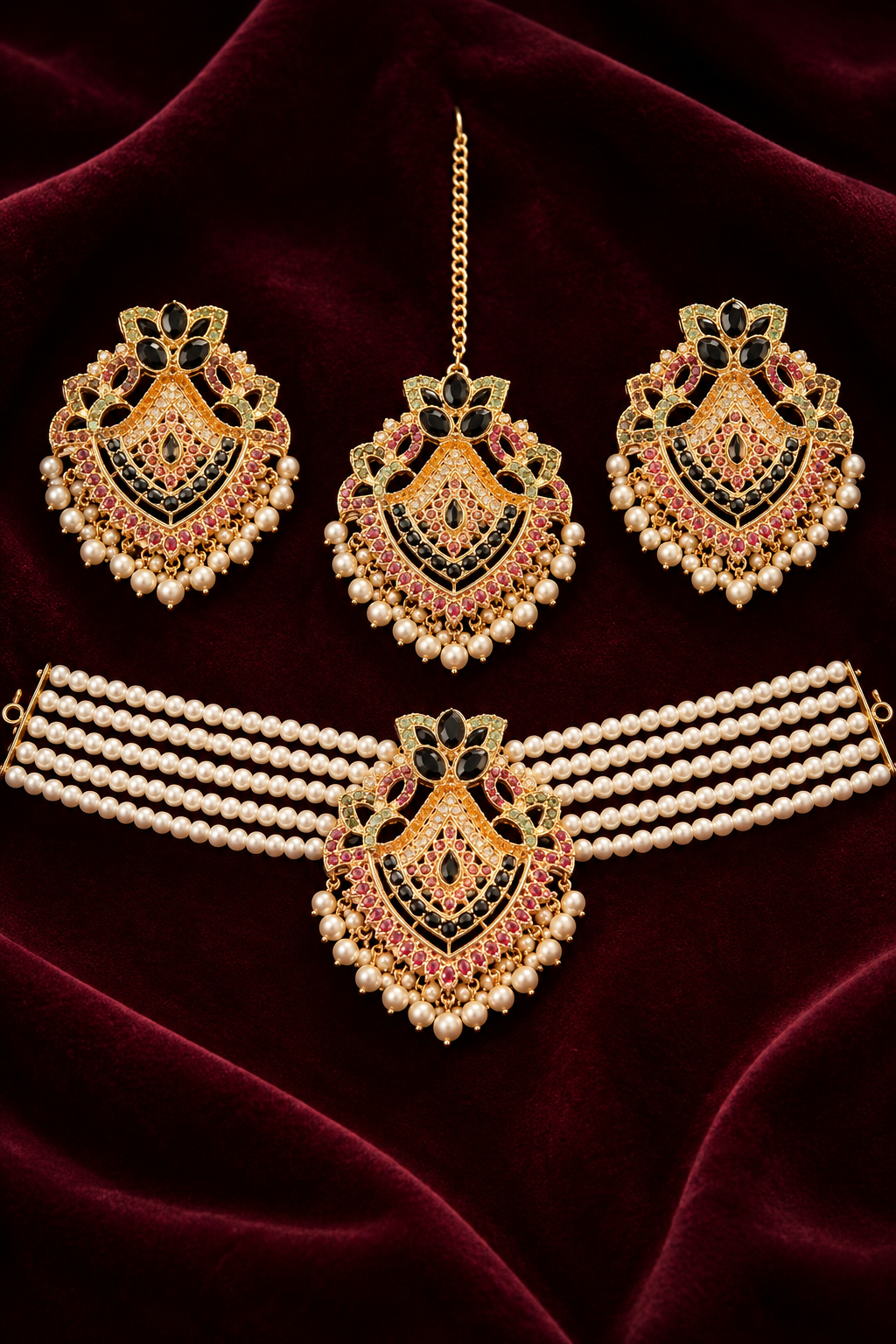 Elegant Pearl Mala with Earrings & Bindi Set