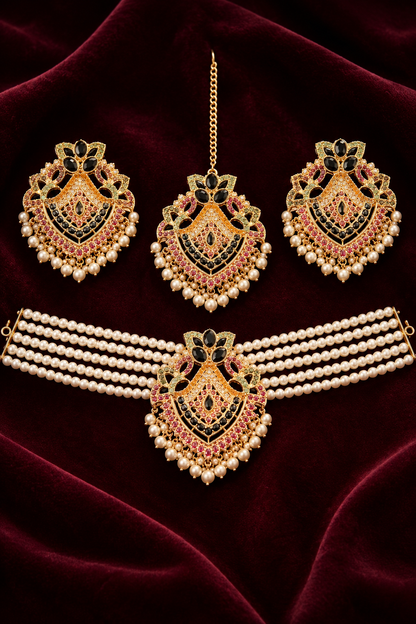 Elegant Pearl Mala with Earrings & Bindi Set