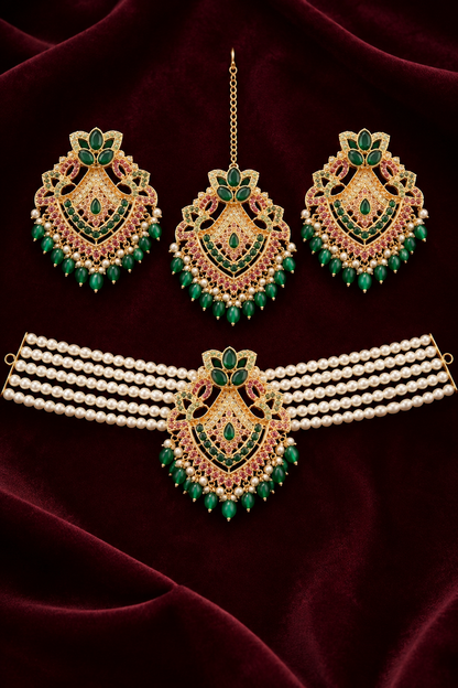 Elegant Pearl Mala with Earrings & Bindi Set