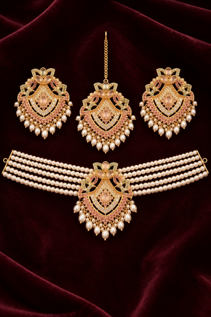Elegant Pearl Mala with Earrings & Bindi Set