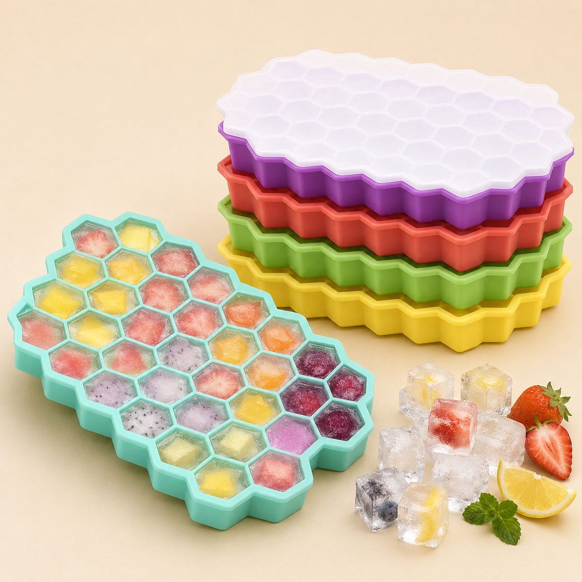 37-Cell Honeycomb Ice Cube Tray with Removable Lid