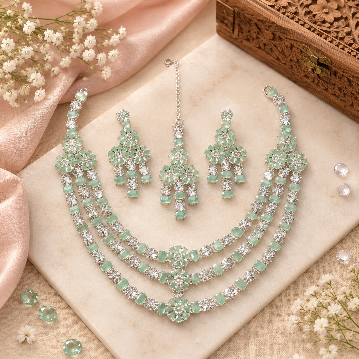 New Stylish 3-Line Full Zircon Necklace Set