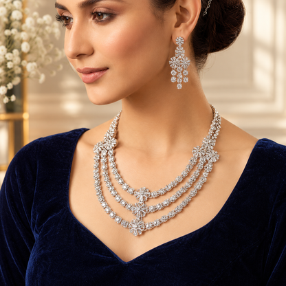 New Stylish 3-Line Full Zircon Necklace Set