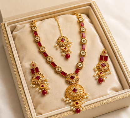 New Stylish Zircon Mala Tika & Earrings Set