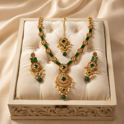 New Stylish Zircon Mala Tika & Earrings Set