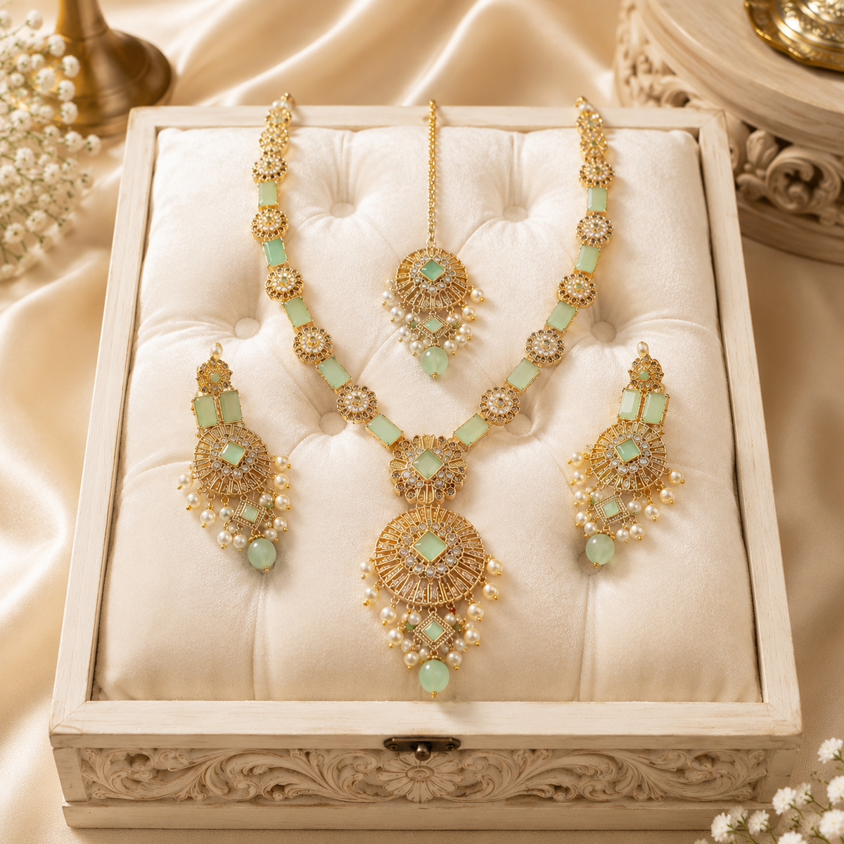 New Stylish Zircon Mala Tika & Earrings Set