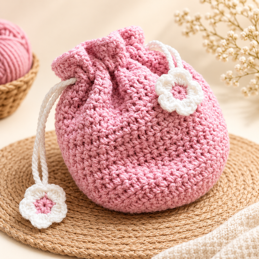 Cozy Pink Crochet Drawstring Pouch