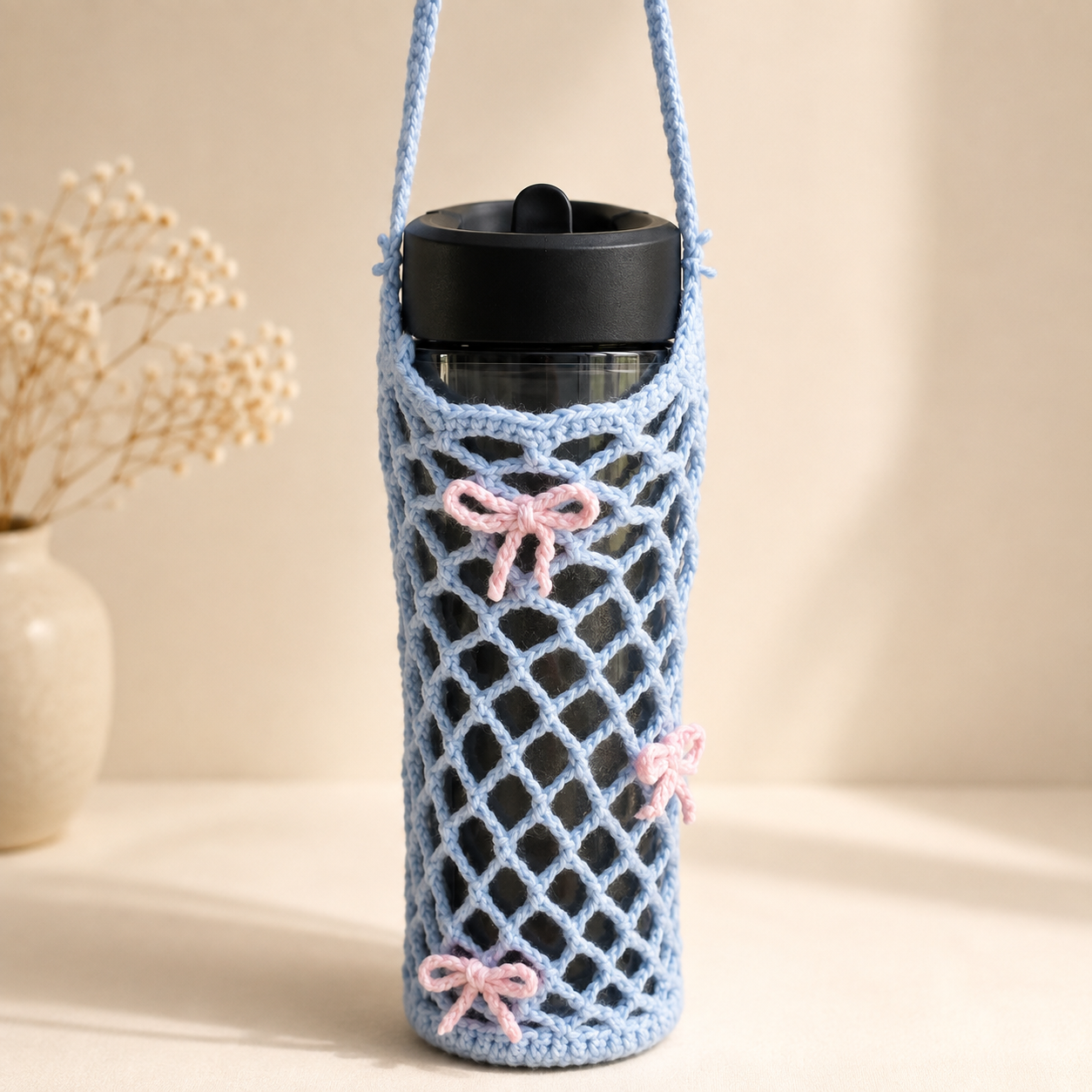 Pastel Crochet Bottle Carrier with Pink Bows