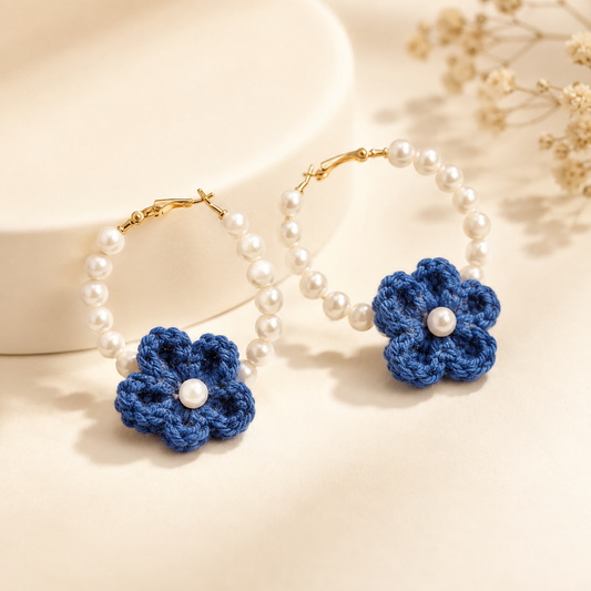 Pearl and Denim Blue Floral Hoops